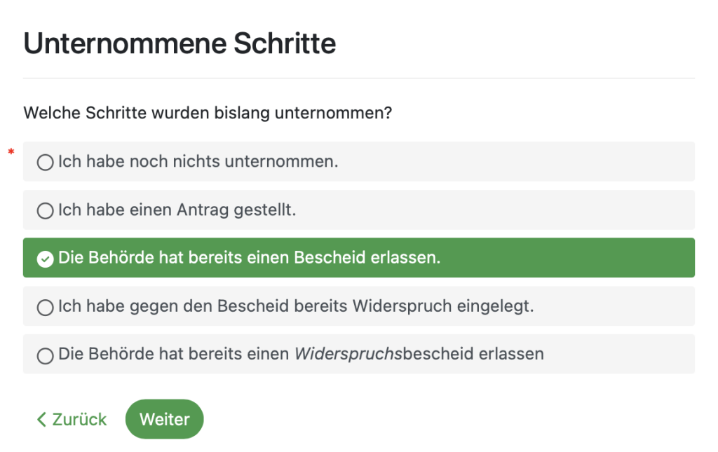 Ansicht eines interaktiven Formulars, mit dem Dokumente zur Rechtsdurchsetzung erstellt werden können 
